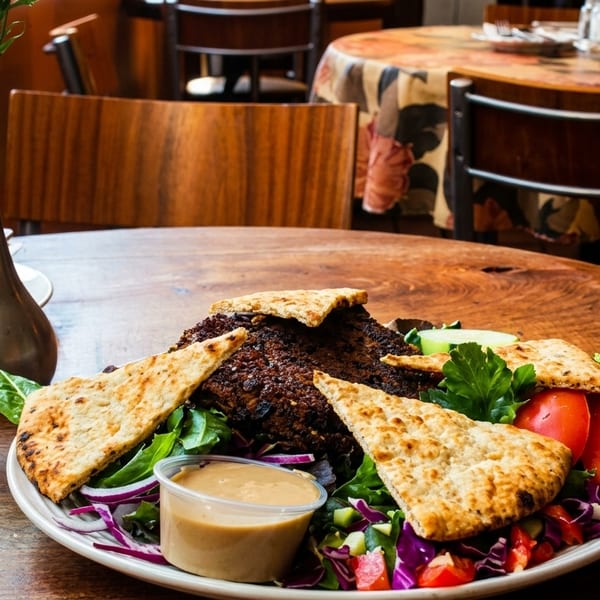 A plate of grilled meat, pita bread, salad, and dipping sauce on a wooden restaurant table.
