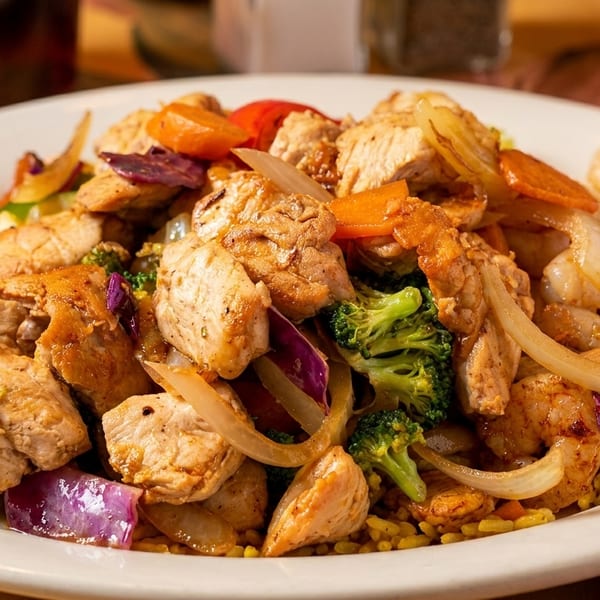 A white plate piled high with chicken, shrimp, broccoli, carrots, and onions over yellow rice.