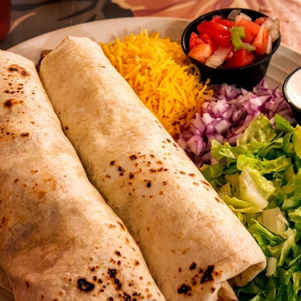 Two burritos with shredded cheese, lettuce, diced onions, pico de gallo, and sour cream.