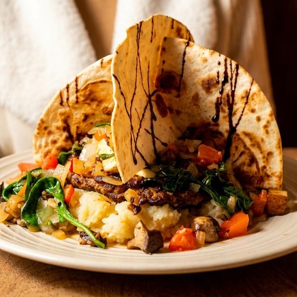 A plate of tacos with mashed potatoes, vegetables, and a dark sauce, held by a person in a white sweater.