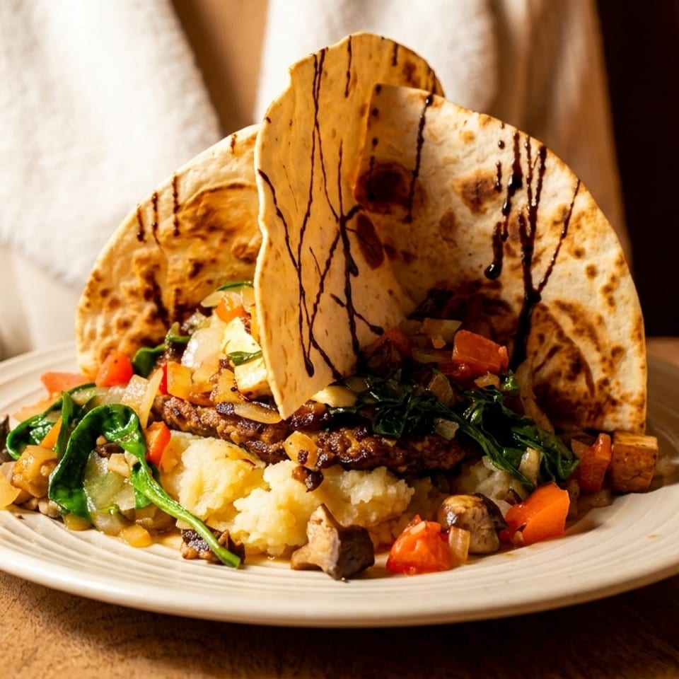 A plate of tacos with mashed potatoes, vegetables, and a dark sauce, held by a person in a white sweater.