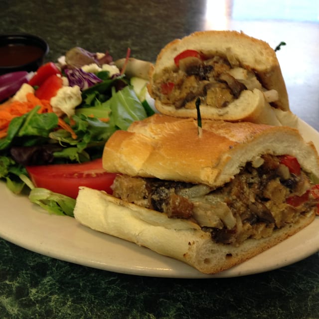 Vegan Cheese Steak Sandwich.